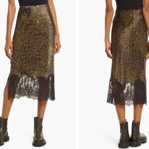 All Saints Leopard Print Midi Skirt with Lace Hem